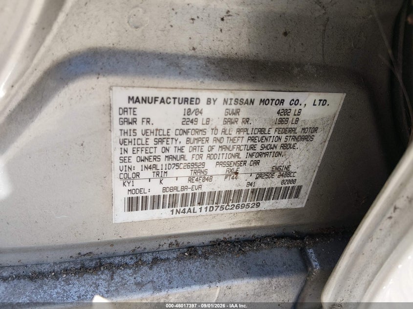 NISSAN ALTIMA 2005 VIN 1N4AL11D75C269529