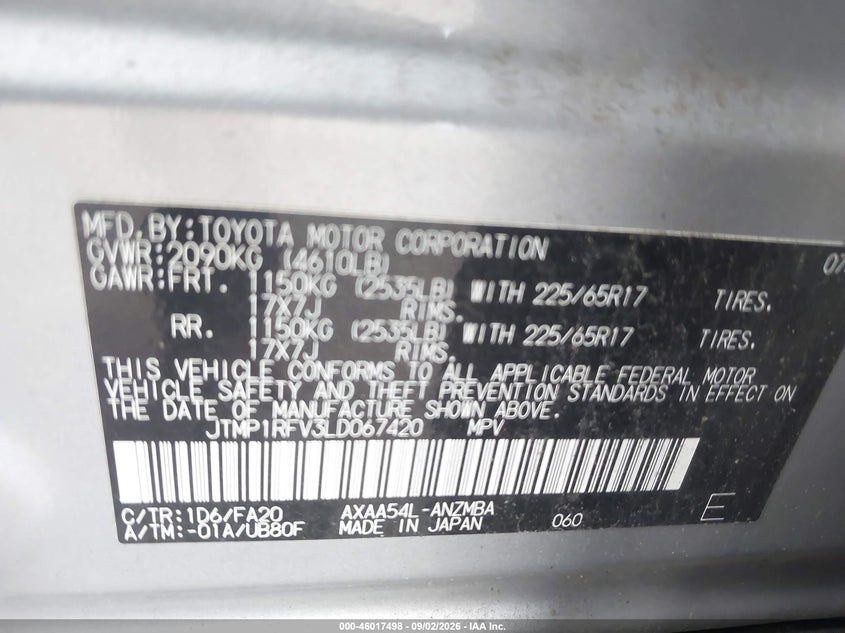 TOYOTA RAV4 2020 VIN JTMP1RFV3LD067420