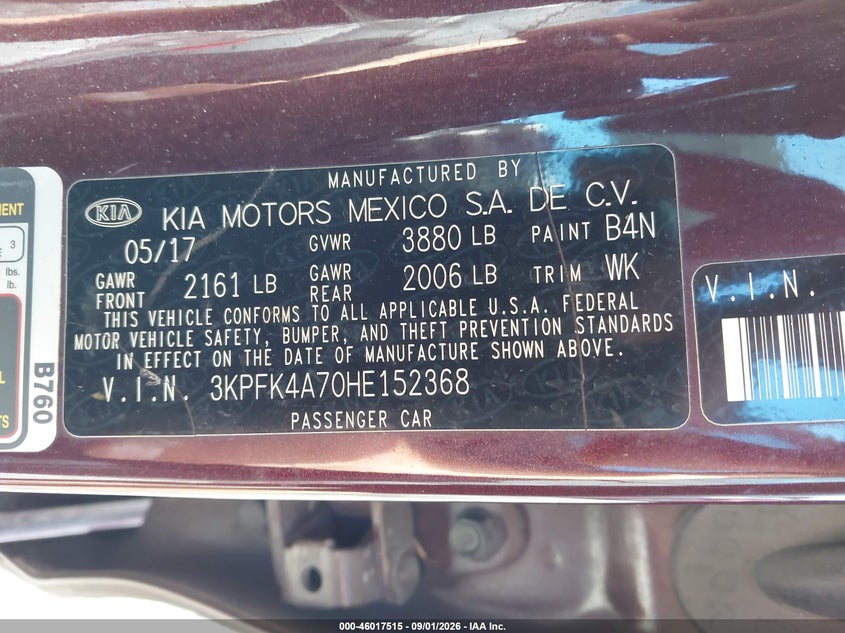 KIA FORTE 2017 VIN 3KPFK4A70HE152368