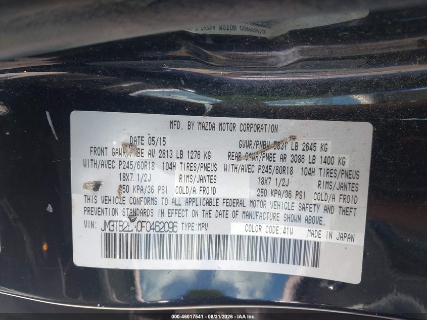 MAZDA CX-9 2015 VIN JM3TB2BA0F0462096