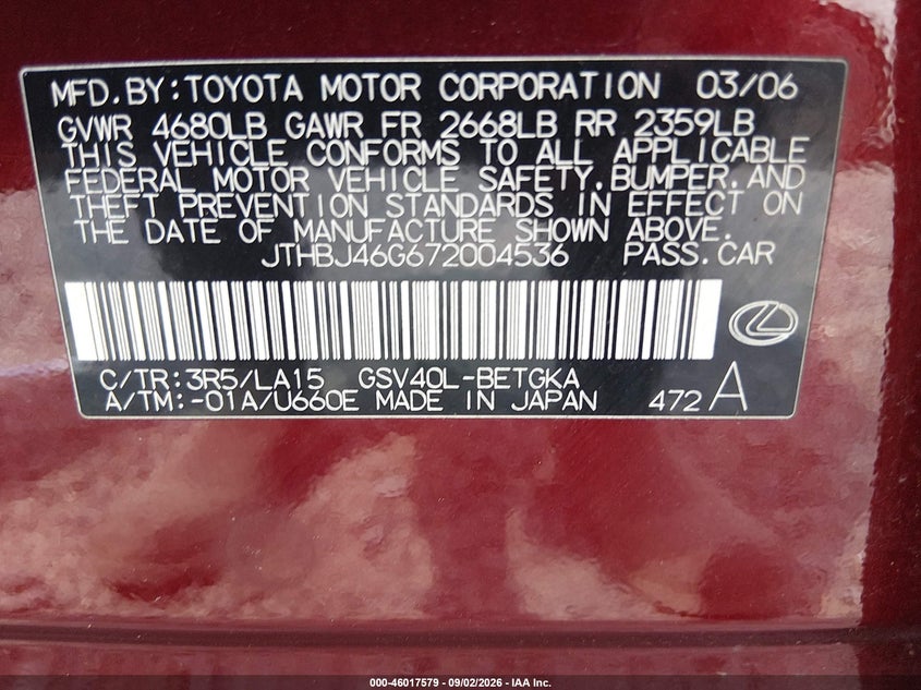 LEXUS ES 350 2007 VIN JTHBJ46G672004536