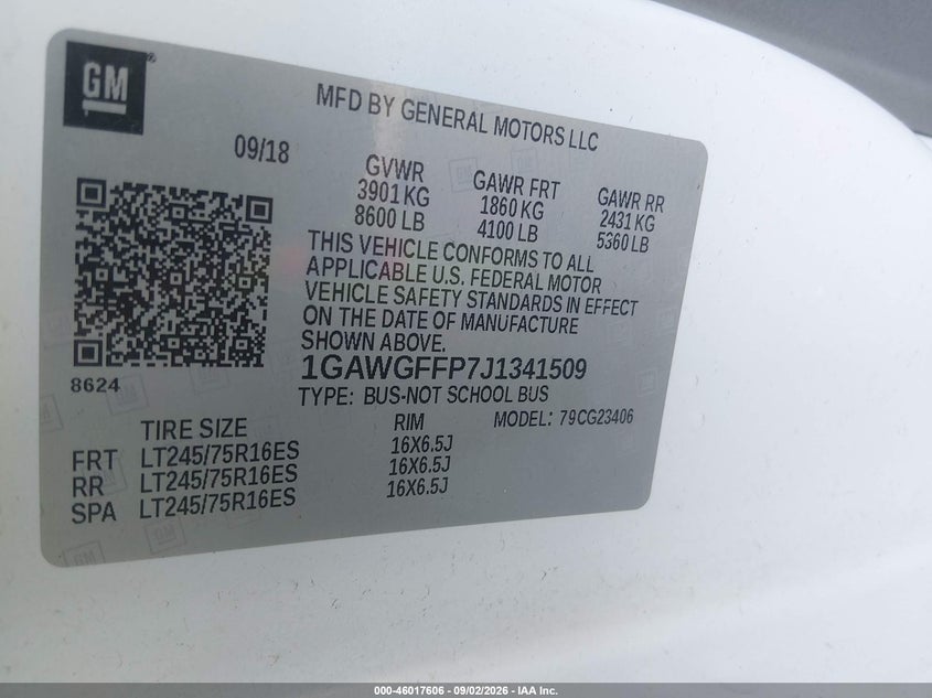 CHEVROLET EXPRESS 2500 2018 VIN 1GAWGFFP7J1341509