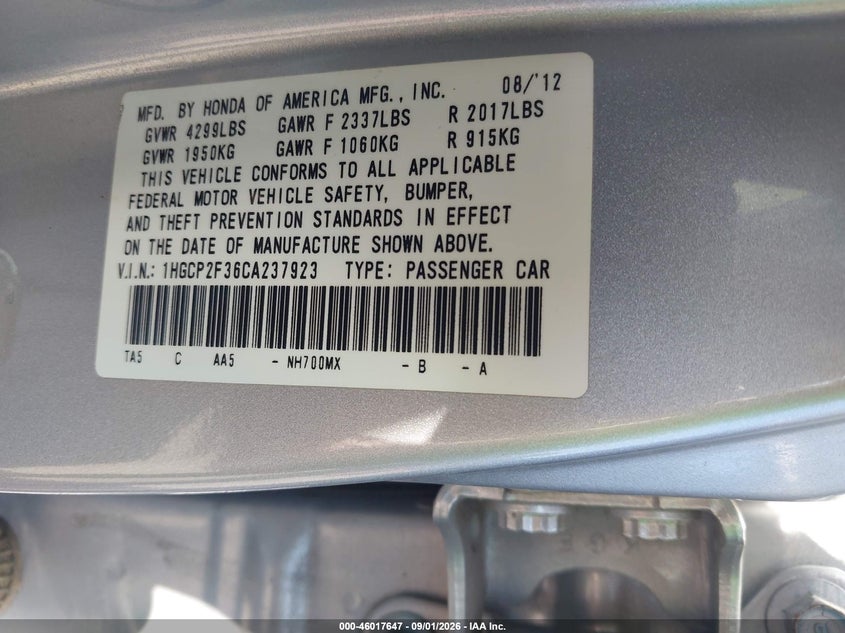 HONDA ACCORD 2012 VIN 1HGCP2F36CA237923