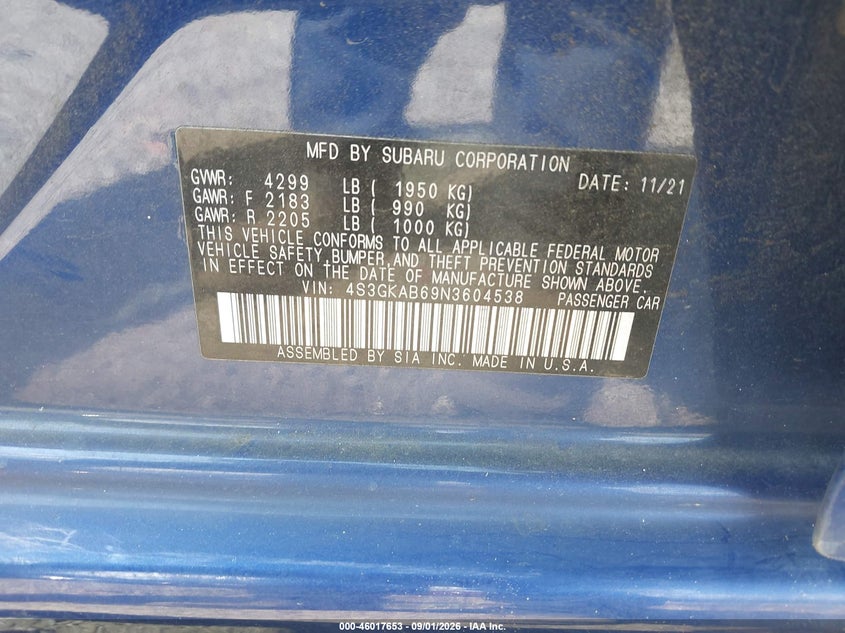 SUBARU IMPREZA 2022 VIN 4S3GKAB69N3604538