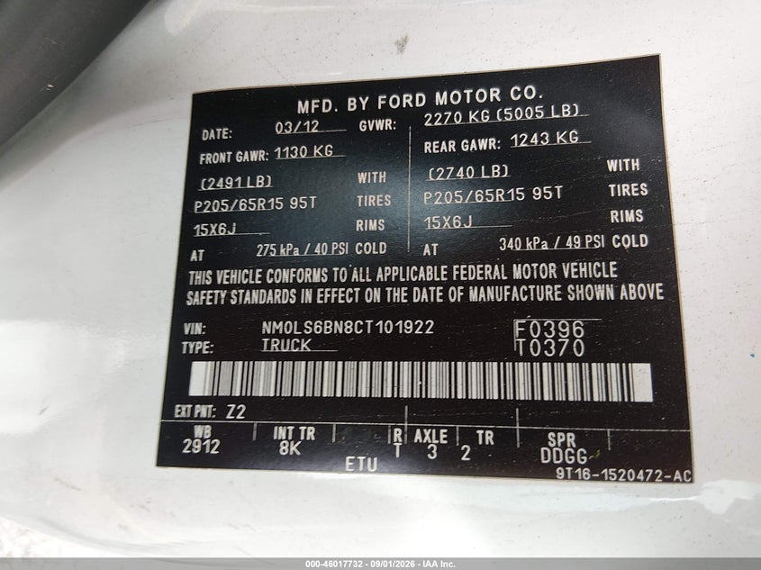 FORD TRANSIT CONNECT 2012 VIN NM0LS6BN8CT101922