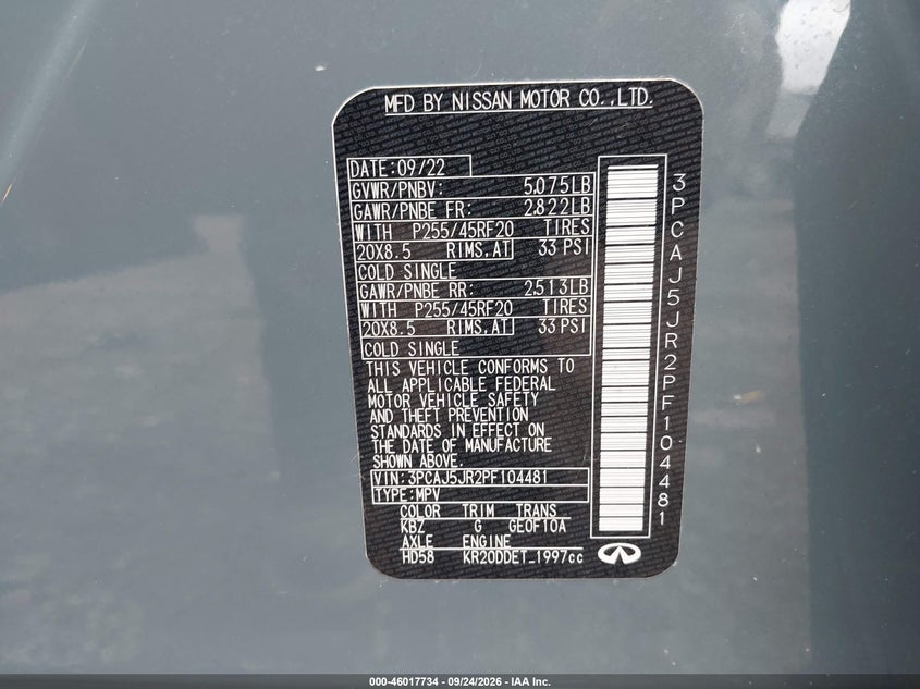 INFINITI QX55 2023 VIN 3PCAJ5JR2PF104481