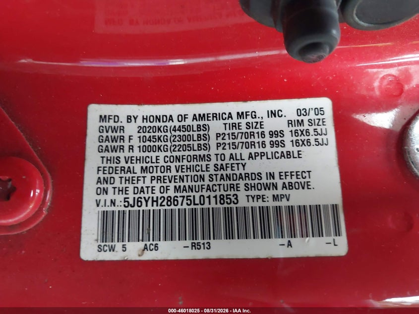 2005 HONDA ELEMENT SPORT UTILITY VEHICLE 2.4L I-4 DOHC, VVT, REGULAR , 160HP