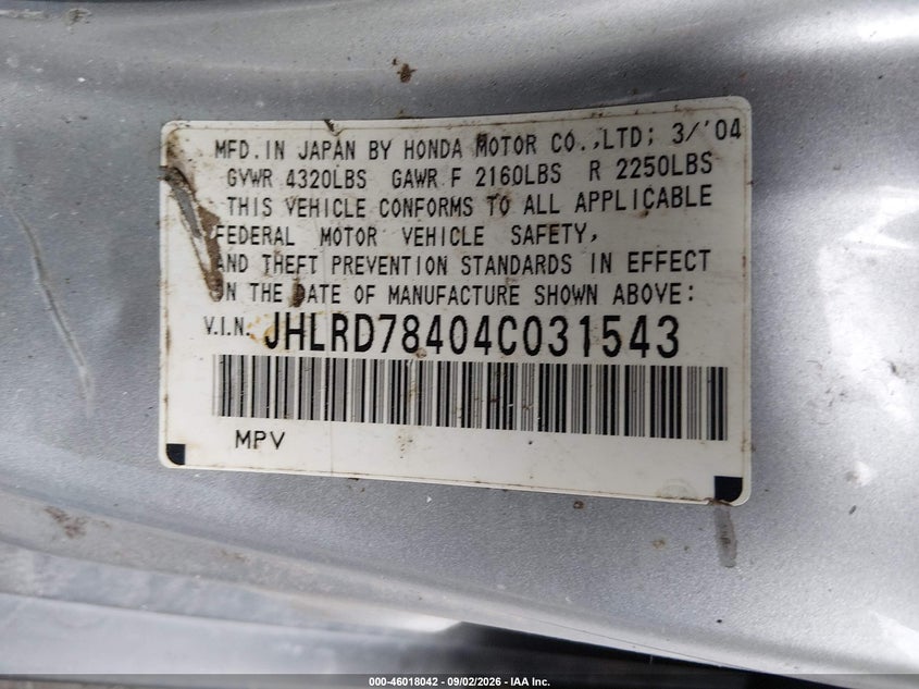 HONDA CR-V 2004 VIN JHLRD78404C031543