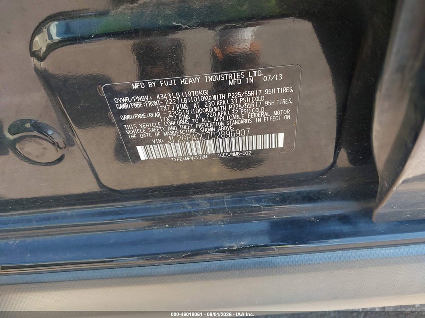 SUBARU XV CROSSTREK 2013 VIN JF2GPAGC7D2896907