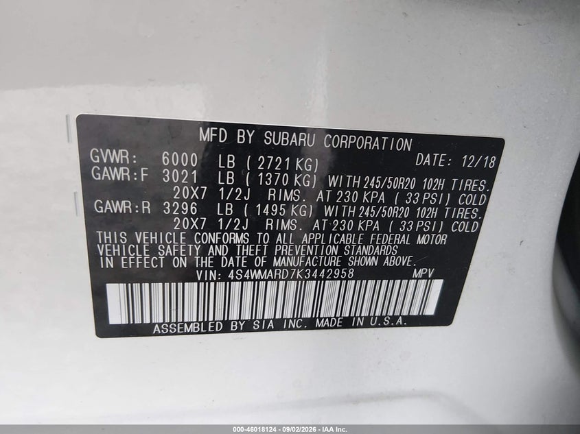 SUBARU ASCENT 2019 VIN 4S4WMARD7K3442958