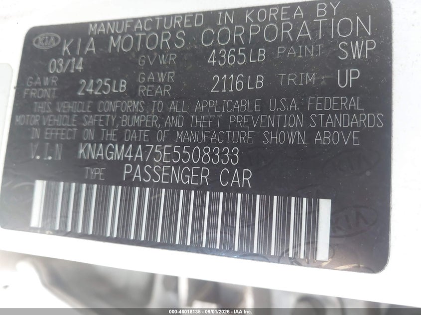 KIA OPTIMA 2014 VIN KNAGM4A75E5508333
