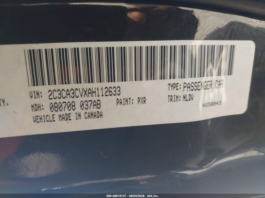 CHRYSLER 300 2010 VIN 2C3CA3CVXAH112633