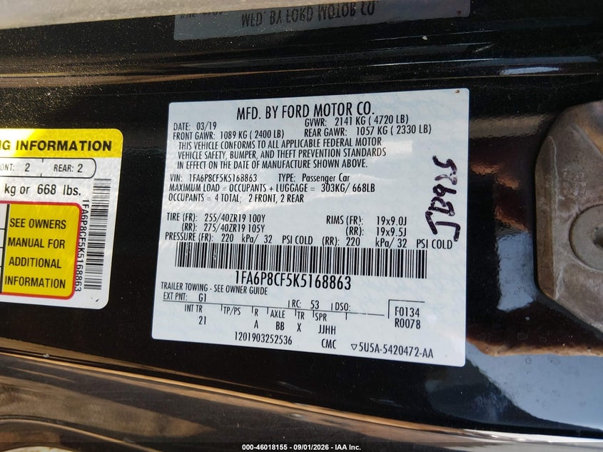 FORD MUSTANG 2019 VIN 1FA6P8CF5K5168863