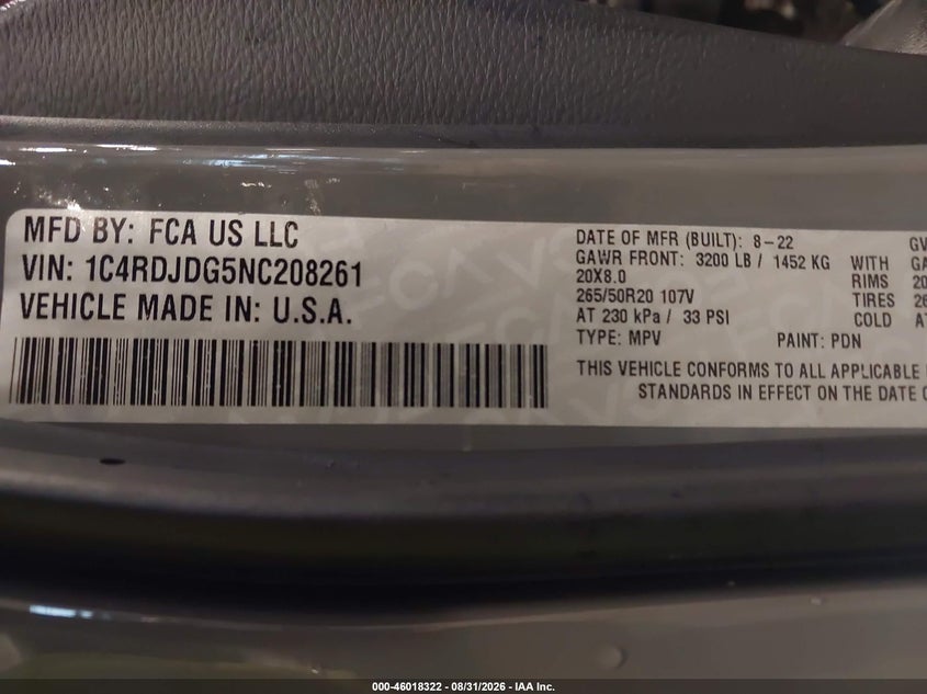 DODGE DURANGO 2022 VIN 1C4RDJDG5NC208261