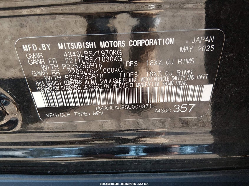 MITSUBISHI OUTLANDER SPORT 2025 VIN JA4ARUAU9SU009871
