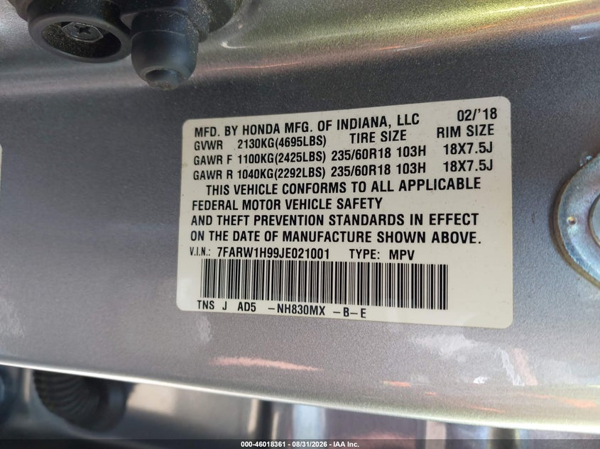 HONDA CR-V 2018 VIN 7FARW1H99JE021001