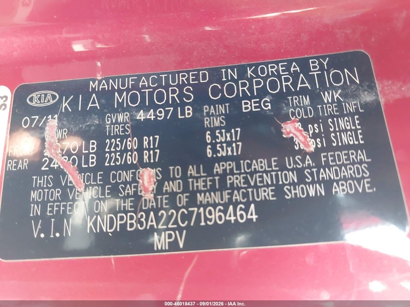 2012 KIA SPORTAGE SPORT UTILITY VEHICLE 2.4L I-4 DOHC, VVT, 176HP