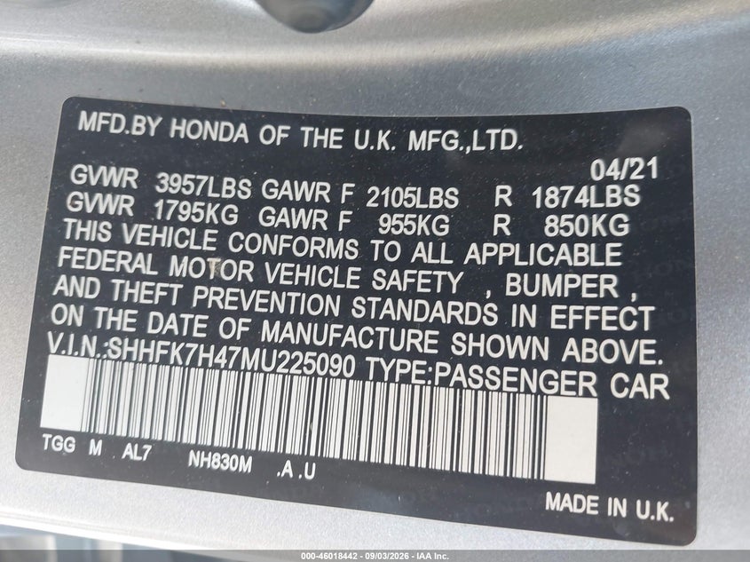 HONDA CIVIC 2021 VIN SHHFK7H47MU225090