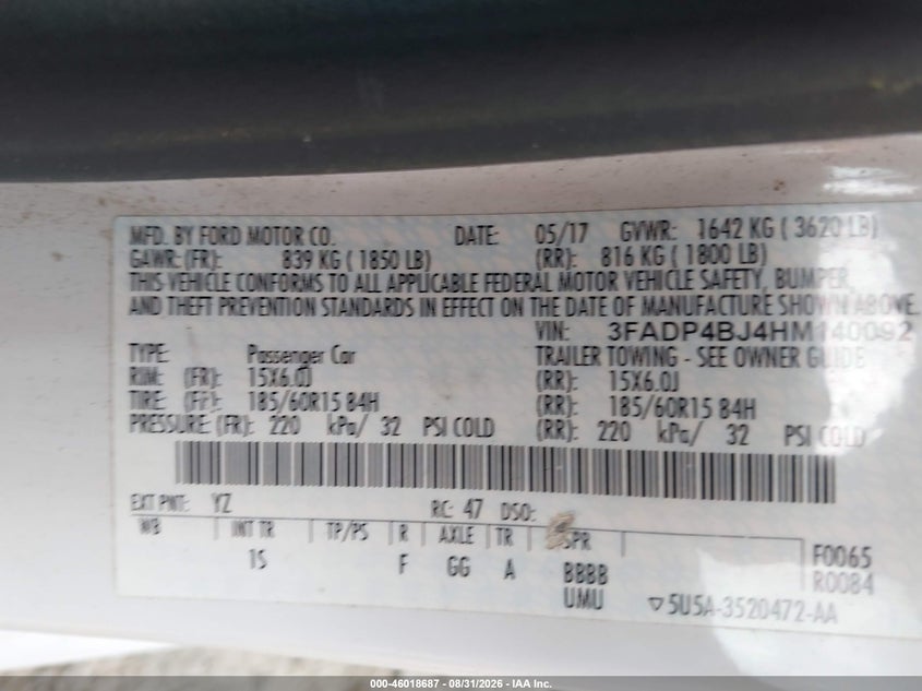 FORD FIESTA 2017 VIN 3FADP4BJ4HM140092