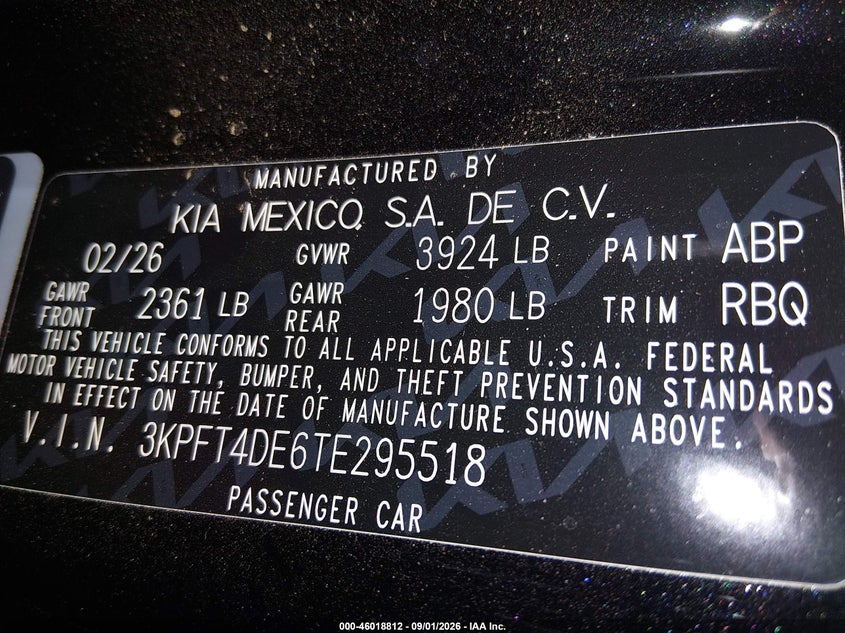 KIA K4 2026 VIN 3KPFT4DE6TE295518
