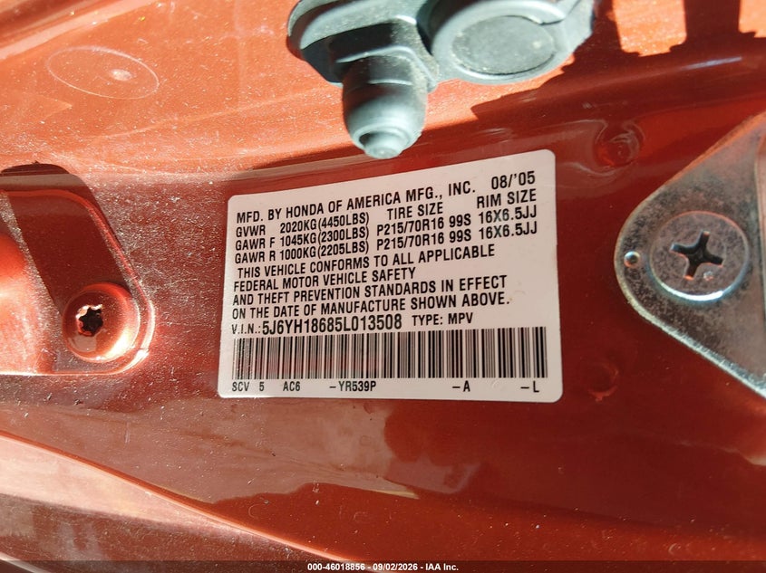 HONDA ELEMENT 2005 VIN 5J6YH18685L013508