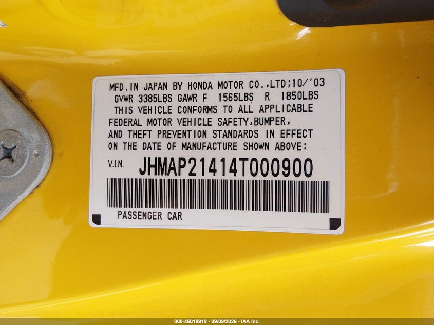 HONDA S2000 2004 VIN JHMAP21414T000900