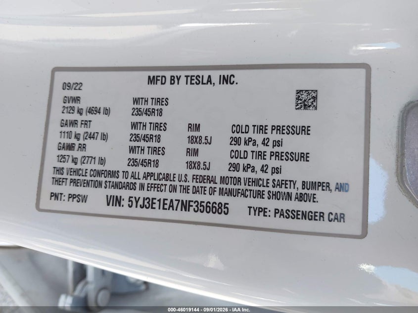2022 TESLA MODEL 3 REAR-WHEEL DRIVE - zdjęcie 9