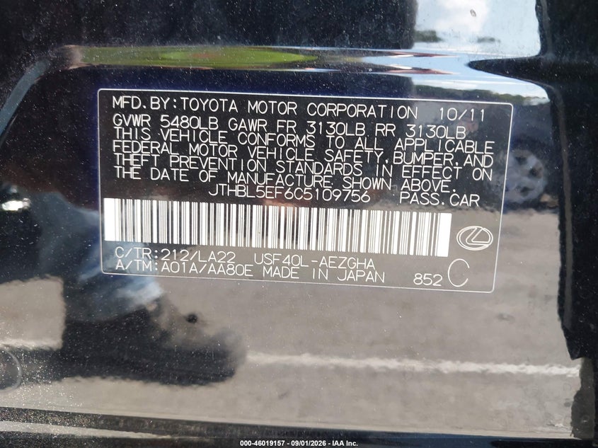 LEXUS LS 460 2012 VIN JTHBL5EF6C5109756