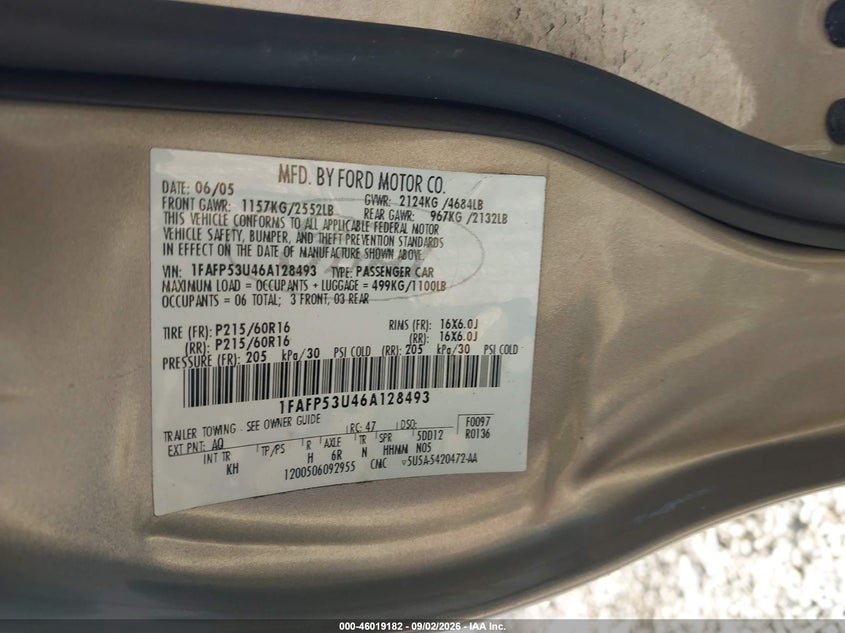 FORD TAURUS 2006 VIN 1FAFP53U46A128493