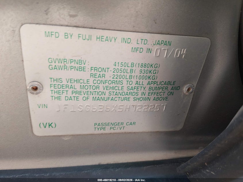 SUBARU FORESTER 2005 VIN JF1SG636X5H722257