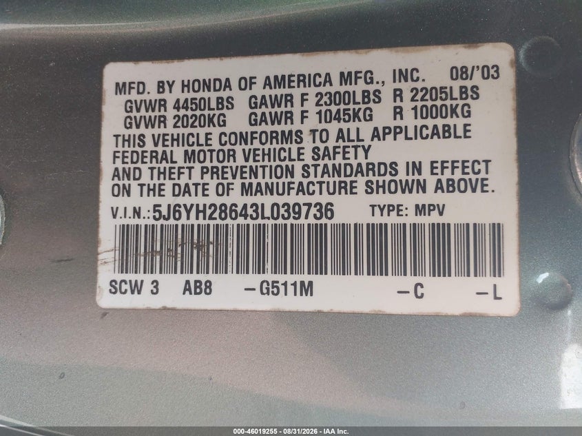 HONDA ELEMENT 2003 VIN 5J6YH28643L039736