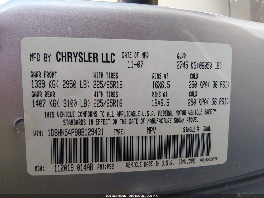 DODGE GRAND CARAVAN 2008 VIN 1D8HN54P98B129431