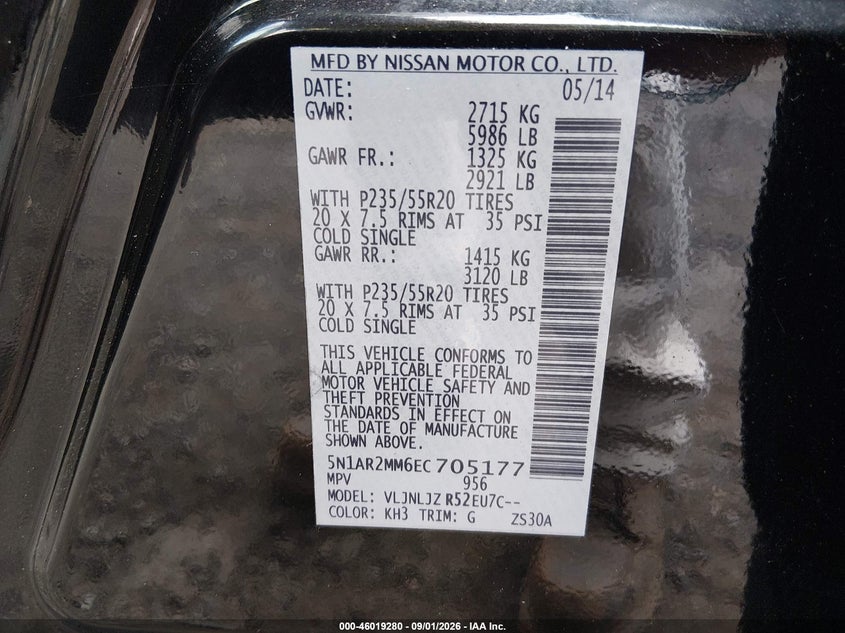NISSAN PATHFINDER 2014 VIN 5N1AR2MM6EC705177