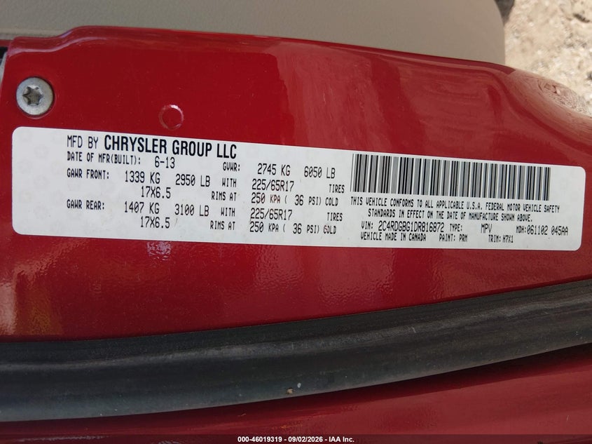 DODGE GRAND CARAVAN 2013 VIN 2C4RDGBG1DR816872