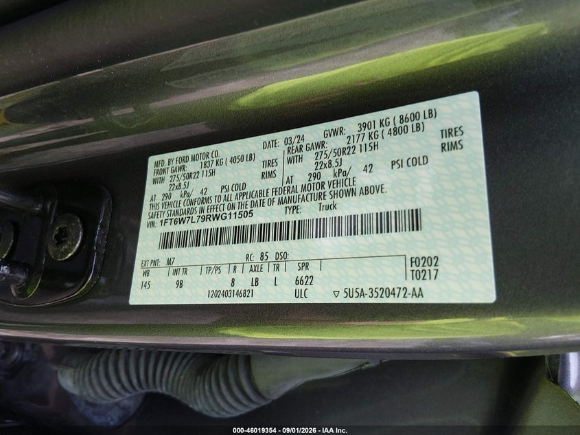 FORD F-150 LIGHTNING 2024 VIN 1FT6W7L79RWG11505