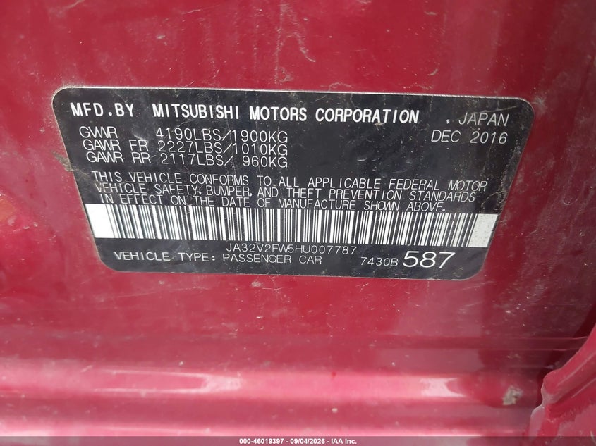 MITSUBISHI LANCER 2017 VIN JA32V2FW5HU007787