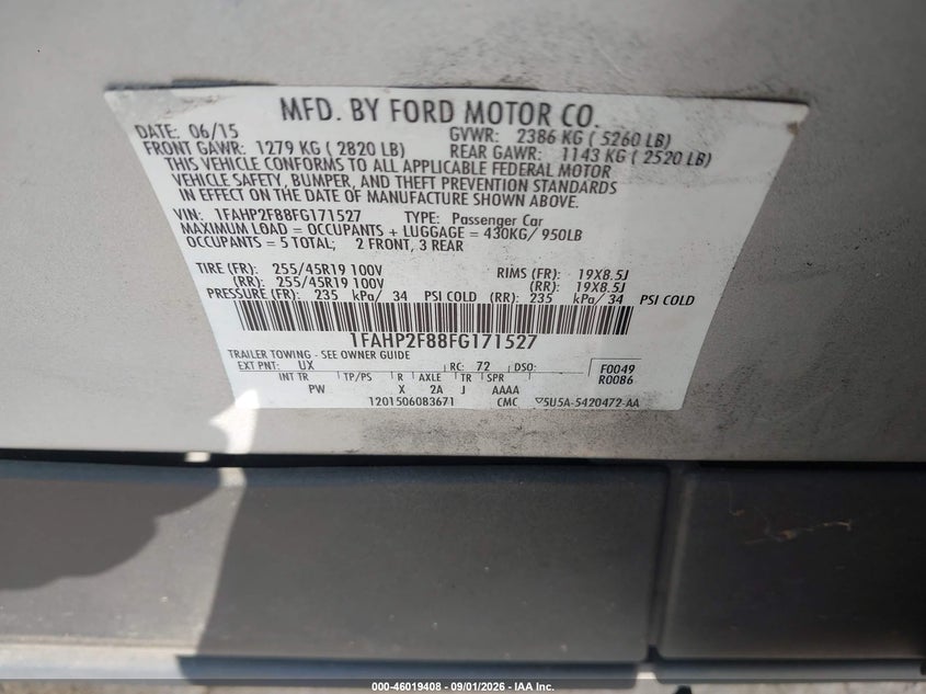 FORD TAURUS 2015 VIN 1FAHP2F88FG171527