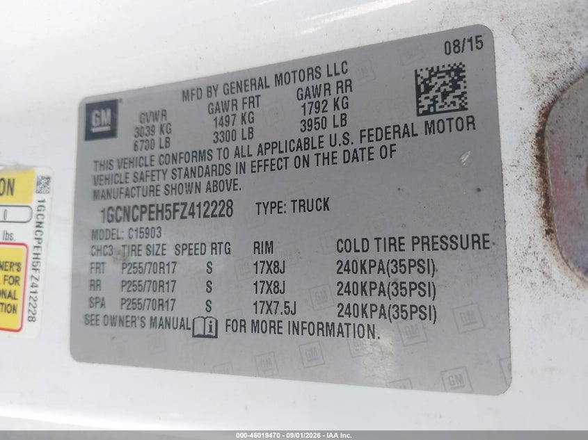 CHEVROLET SILVERADO 1500 2015 VIN 1GCNCPEH5FZ412228