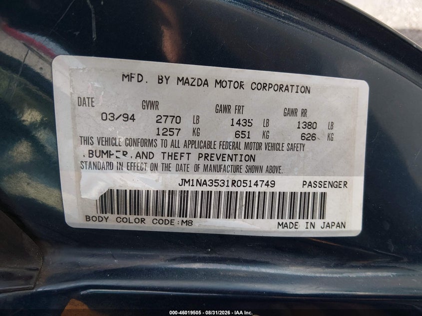 MAZDA MX-5 MIATA 1994 VIN JM1NA3531R0514749
