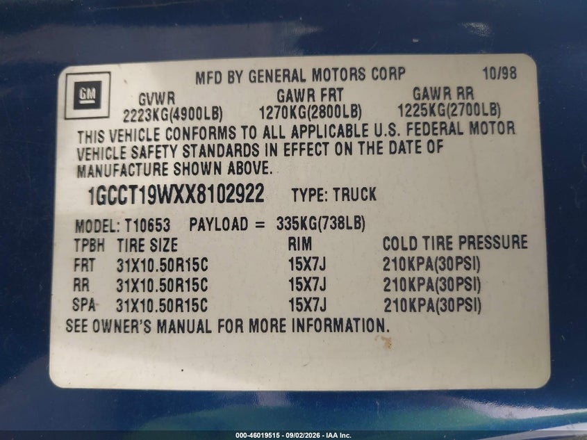 CHEVROLET S-10 1999 VIN 1GCCT19WXX8102922