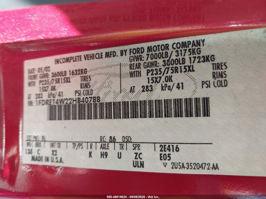 FORD E-150 2002 VIN 1FDRE14W22HB40788