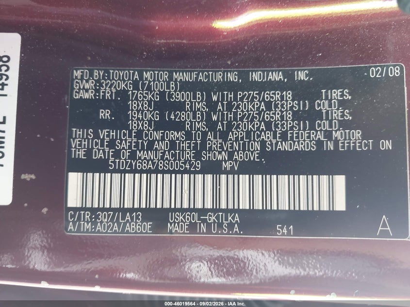 TOYOTA SEQUOIA 2008 VIN 5TDZY68A78S005429