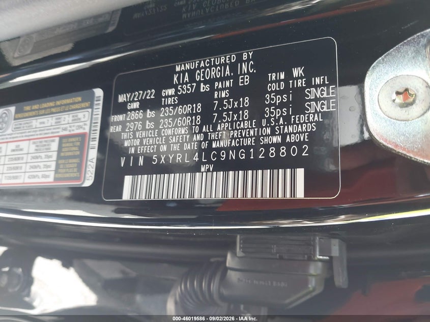 KIA SORENTO 2022 VIN 5XYRL4LC9NG128802
