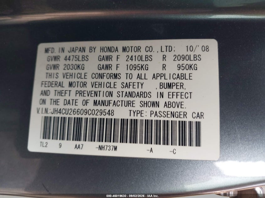 ACURA TSX 2009 VIN JH4CU26609C029548