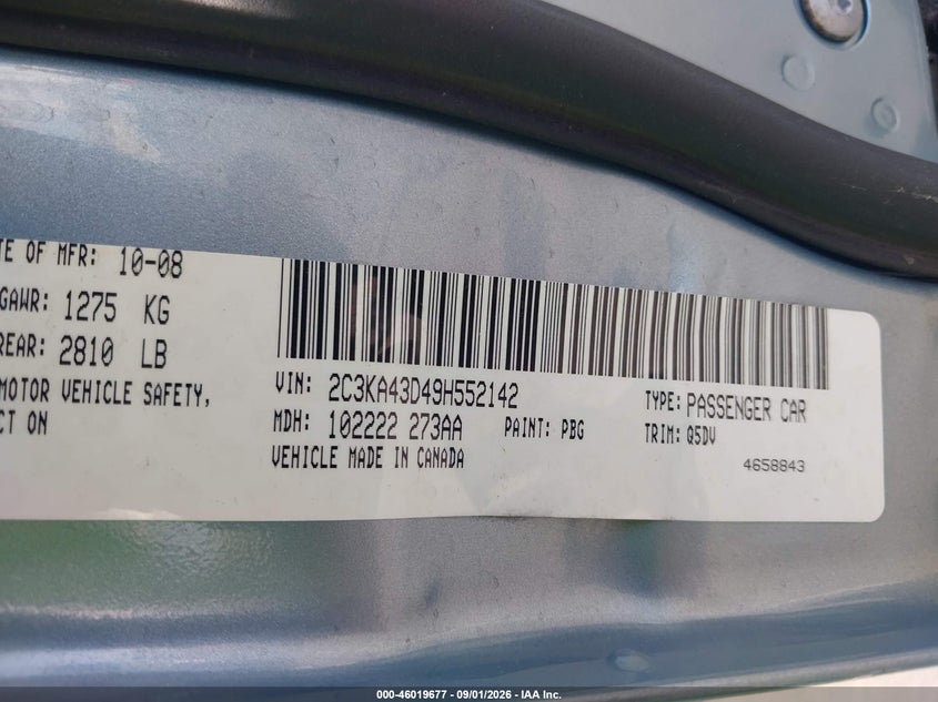CHRYSLER 300 2009 VIN 2C3KA43D49H552142