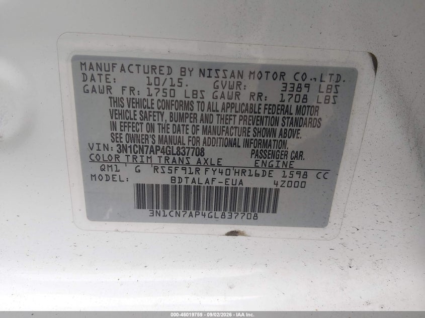 NISSAN VERSA 2016 VIN 3N1CN7AP4GL837708