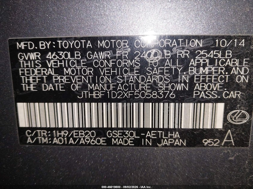 LEXUS IS 250 2015 VIN JTHBF1D2XF5058376