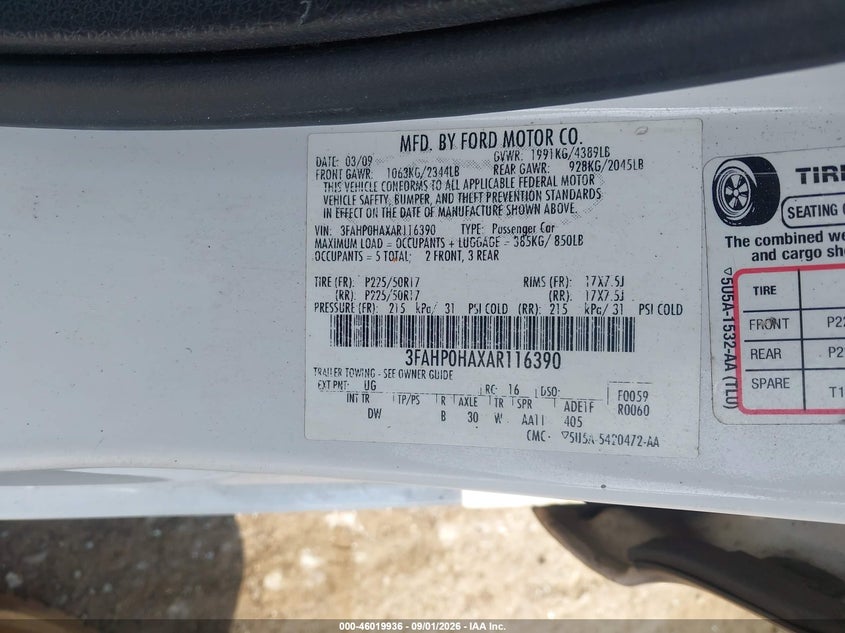 FORD FUSION 2010 VIN 3FAHP0HAXAR116390