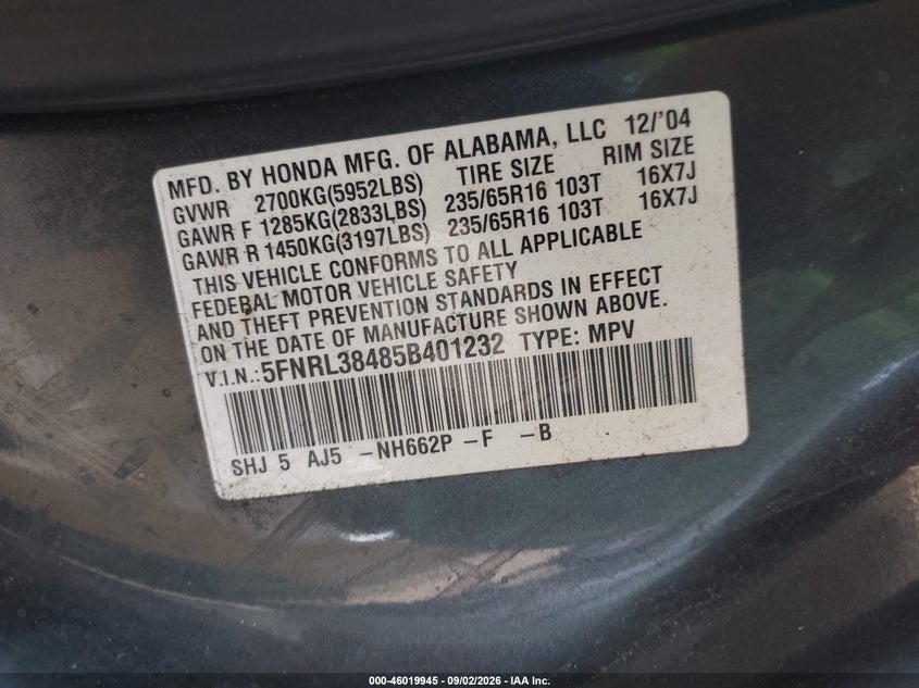 HONDA ODYSSEY 2005 VIN 5FNRL38485B401232