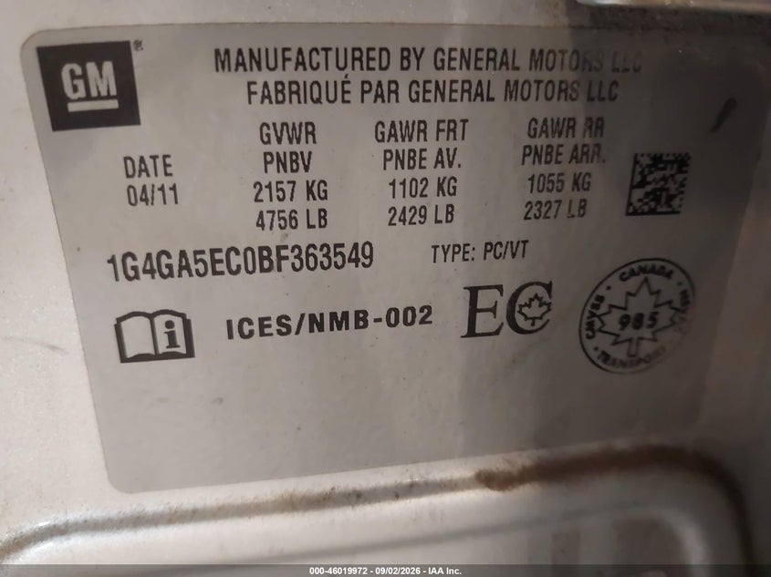 BUICK LACROSSE 2011 VIN 1G4GA5EC0BF363549